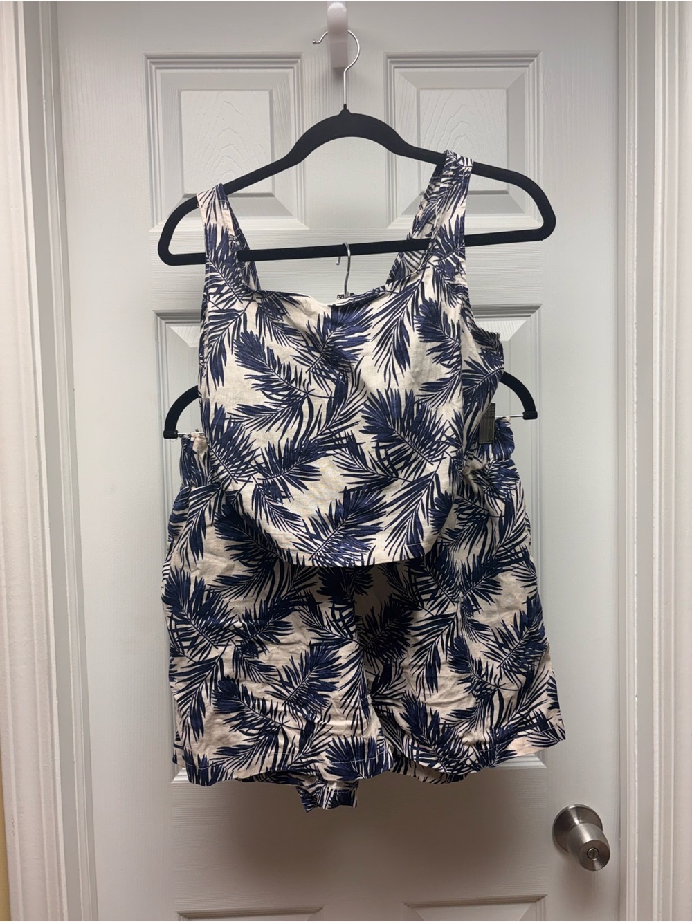Navy Blue & Cream Tropical Palm Print 2 Piece Crop Top & Shorts Set NWT